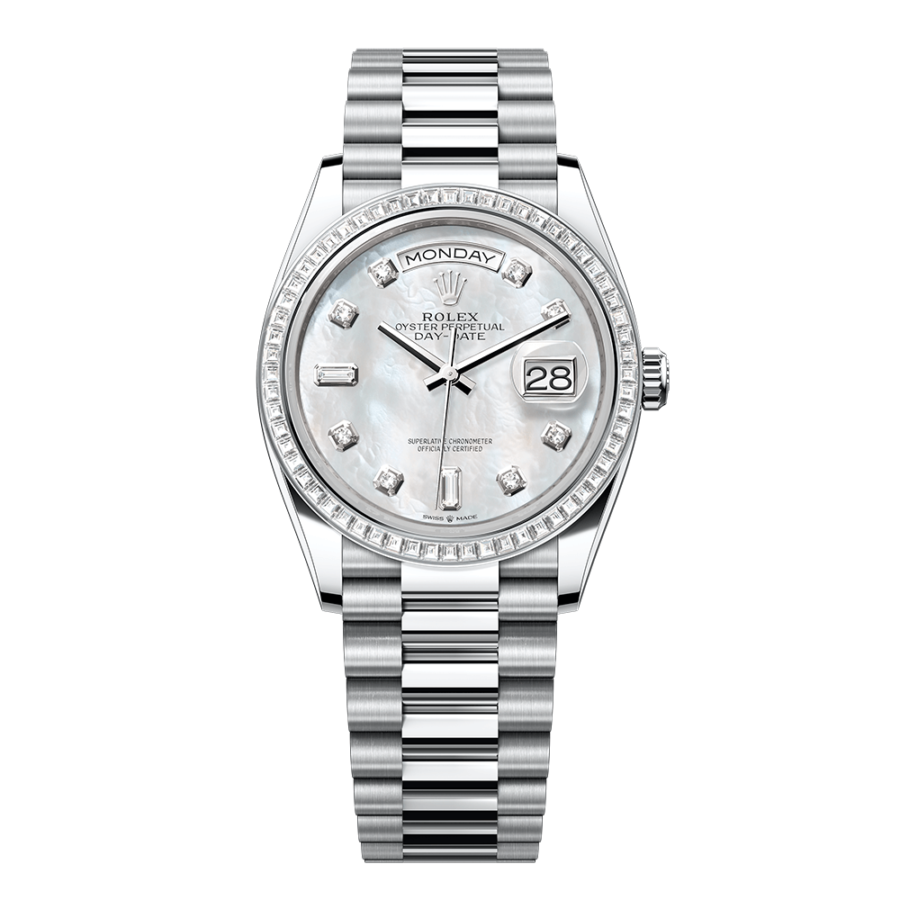 2023 Top-quality super clone rolex watches Men’s Day Date 36MM m128396tbr-0005 white mother-of-pearl, diamond-set Dial