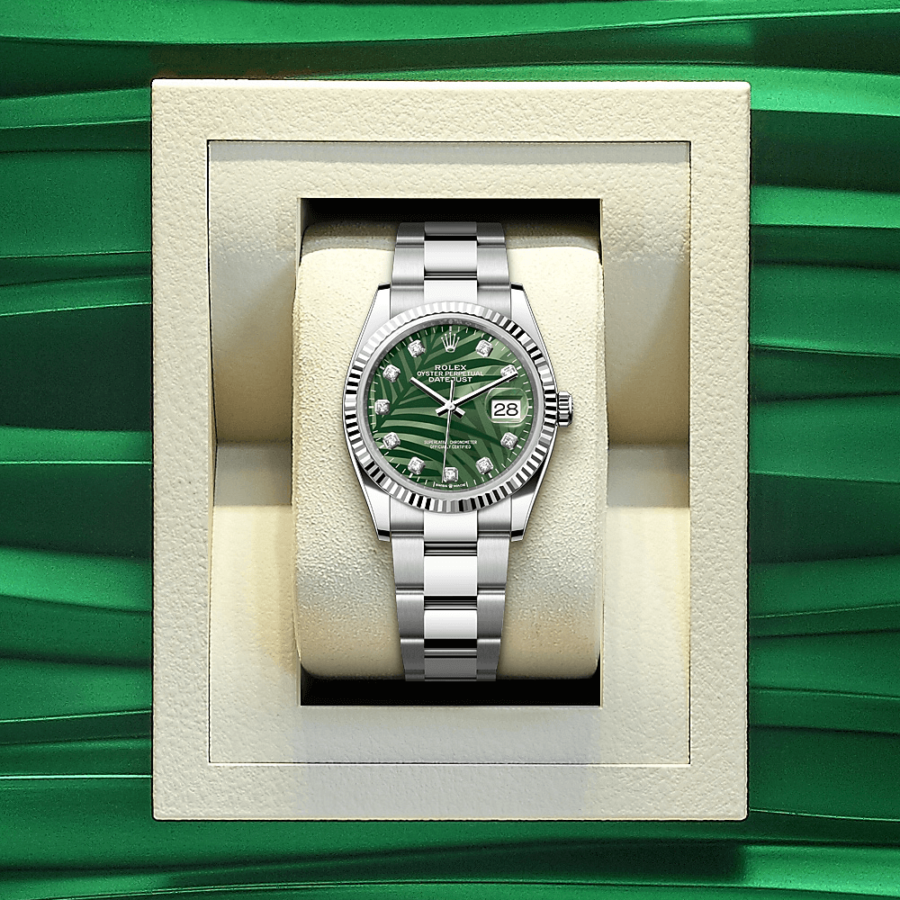 2023 High Quality Copy of rolex watch Unisex Datejust 36MM m126234-0056 olive-green palm-motif, diamond-set dial