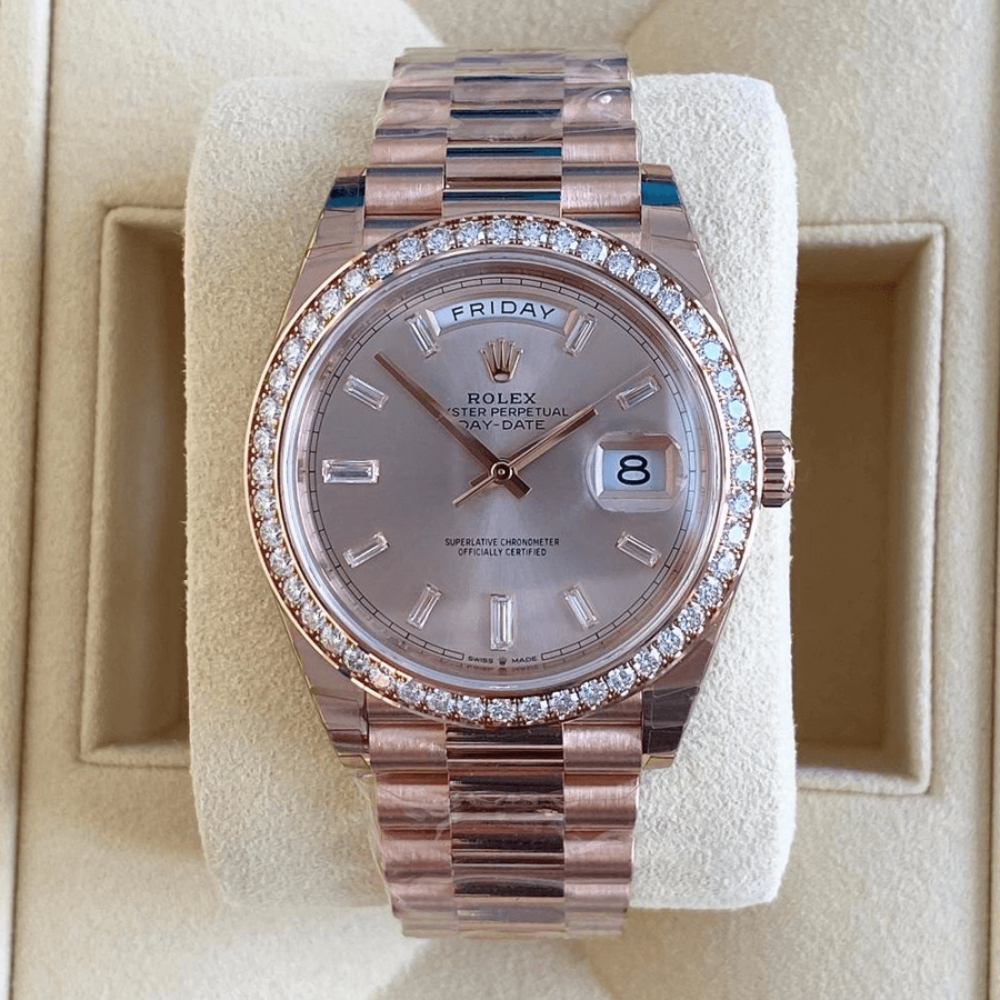 2023 High Quality reproduction rolex Men’s Day Date 40MM m228345rbr-0007 sundust, diamond-set dial