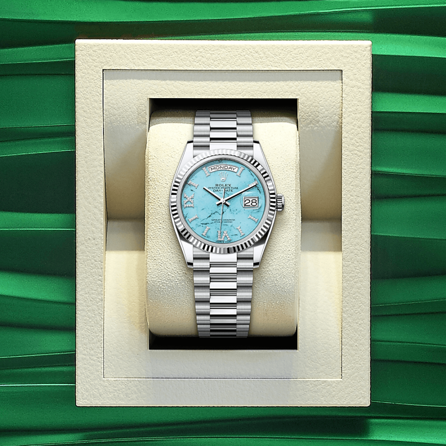 2023 High Quality Copy of rolex watch Unisex Day Date 36MM turquoise, diamond-set Dial m128236-0011