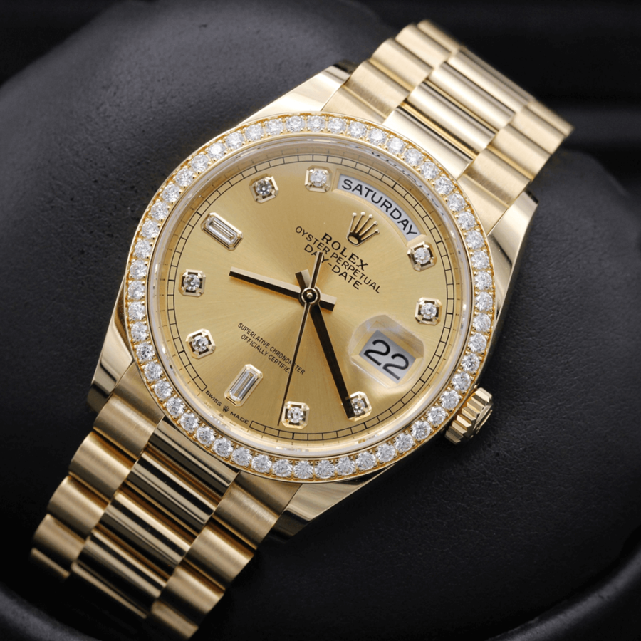 2023 High Quality bootleg rolex watches Men’s Day Date 36MM m128348rbr-0008 champagne-colour, diamond-set Dial