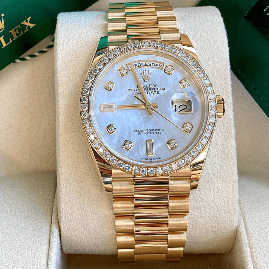 2023 High Quality bootleg rolex watches Men’s Day Date 36MM m128348rbr-0017 white mother-of-pearl, diamond-set Dial