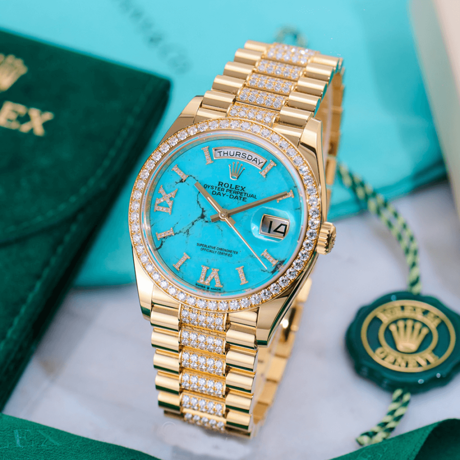 2023 High Quality bootleg rolex watches Men’s Day Date 36MM m128348rbr-0038 18 kt yellow gold, with a turquoise, diamond-set Dial