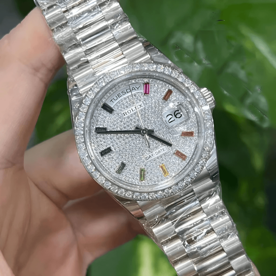 2023 High Quality bootleg rolex watches Men’s Day Date 36MM m128349rbr-0006 diamond-paved Dial