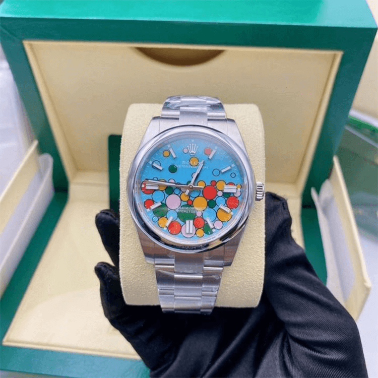 2023 High Quality Copy of rolex watch Men’s oyster perpetual 41MM turquoise blue, Celebration-motif dial m124300-0008