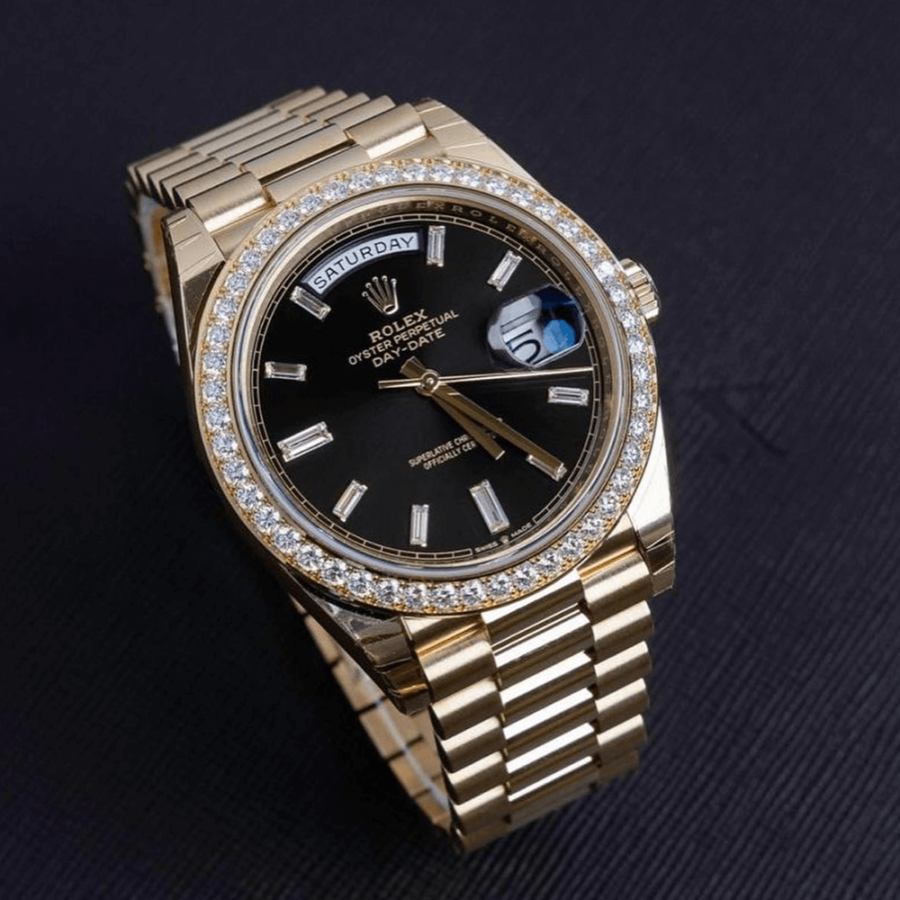2023 High Quality reproduction rolex Men’s Day Date 40MM m228348rbr-0001 bright black, diamond-set dial