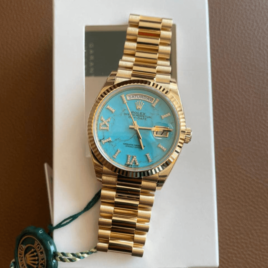 2023 High Quality bootleg rolex watches Men’s Day Date 36MM m128348rbr-0037 turquoise, diamond-set Dial