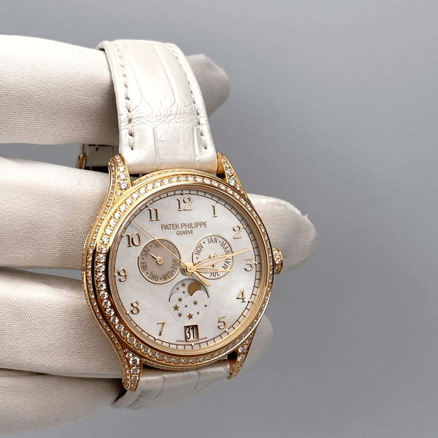 High Quality Replica patek philippe male 38MM COMPLICATIONS 4948G-010 White Balinese mother-of-pearl dial, Alligator strap