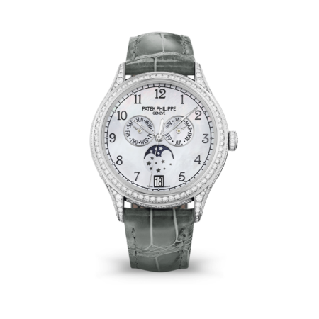 High Quality Replica patek philippe male 38MM COMPLICATIONS 4948G-010 White Balinese mother-of-pearl dial, Shiny alligator strap