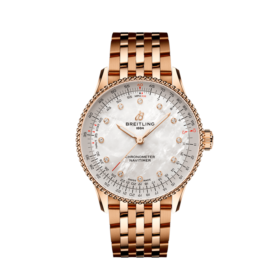 High Quality Replica Breitling Female 36MM Navitimer R17327211A1R1 Pearl White Dial Small scale traceable 18K red gold
