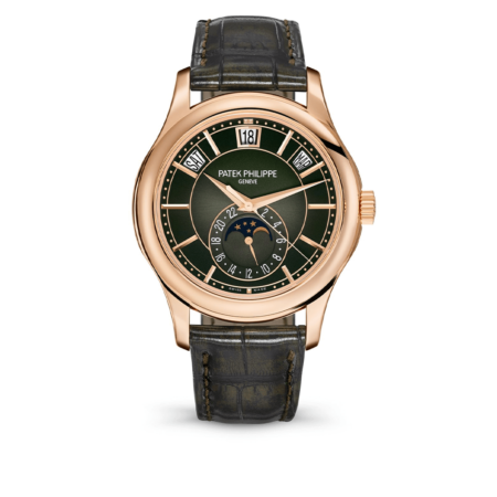 High Quality Replica Patek Philippe male 40MM Moonphase 5205R-011 Olive green sunburst, black-gradient rim Dial Alligator leather with square scales, handstitched, two tone green hand-patinated. Prong buckle