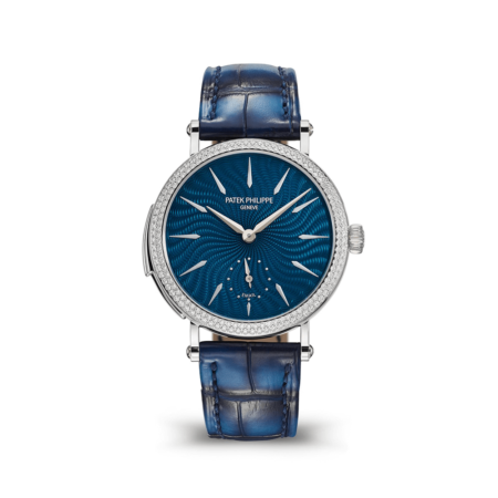 High Quality Replica Patek Philippe Female 36MM grand complications 7040/250G-001 Blue dial Alligator leather with square scales, hand-stitched, ocean blue patinated. Diamond-set prong buckle