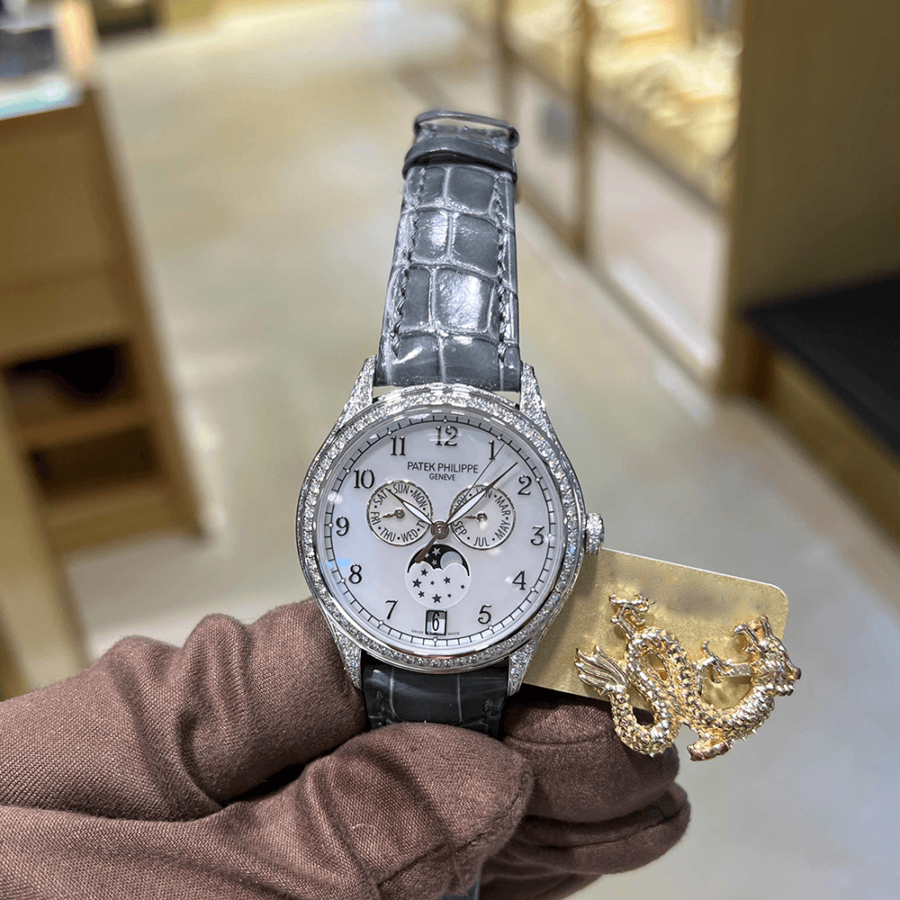 High Quality Replica patek philippe male 38MM COMPLICATIONS 4948G-010 White Balinese mother-of-pearl dial, Shiny alligator strap