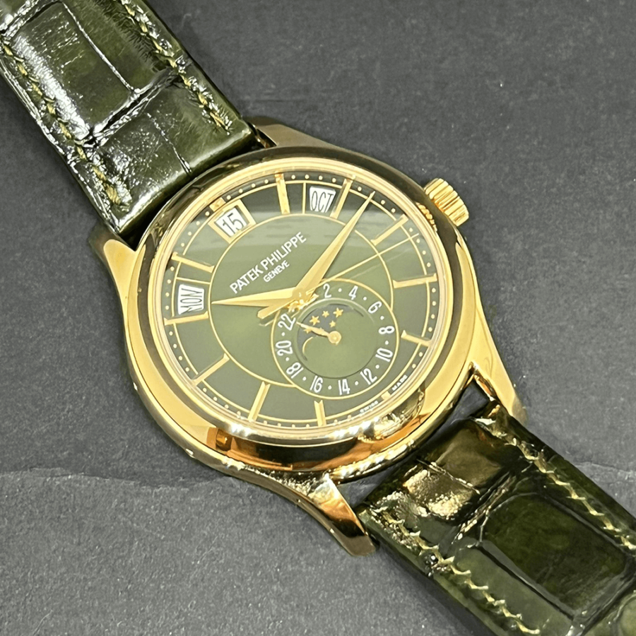High Quality Replica patek philippe male 40MM COMPLICATIONS 5205-011 Olive green sunburst dial, Alligator leather strap
