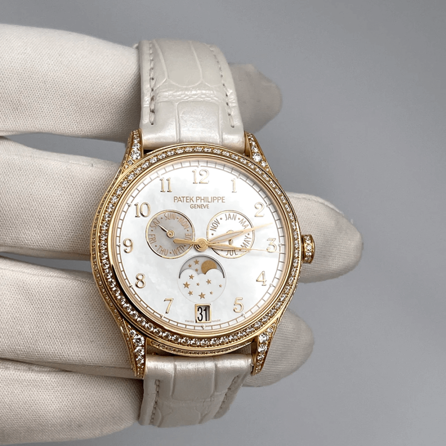 High Quality Replica patek philippe male 38MM COMPLICATIONS 4948G-010 White Balinese mother-of-pearl dial, Alligator strap