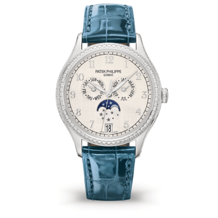 High Quality Replica Patek Philippe Female 38MM Moonphase 4947G-010 Silvery Dial Alligator strap with square scales, hand-stitched, shiny peacock blue. Prong buckle