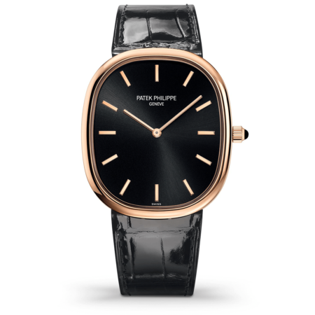 High Quality Replica Patek Philippe Female 34.5x39.5MM GOLDEN ELLIPSE 5738R-001 18K gold dial plate Alligator strap with square scales, hand-stitched, shiny black. Prong buckle