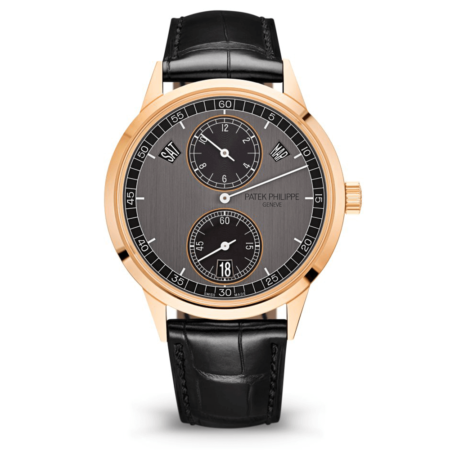 High Quality Replica patek philippe male 40.5mm COMPLICATIONS 5235-50R-001 Two-tone graphite and ebony black dial,Alligator leather strap