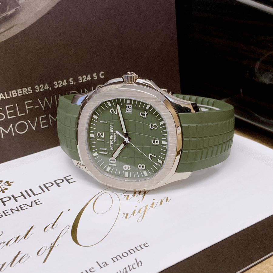High Quality Replica Patek Philippe male 42.2MM Aquanaut 5168G-010 Khaki green embossed Dial Composite material strap