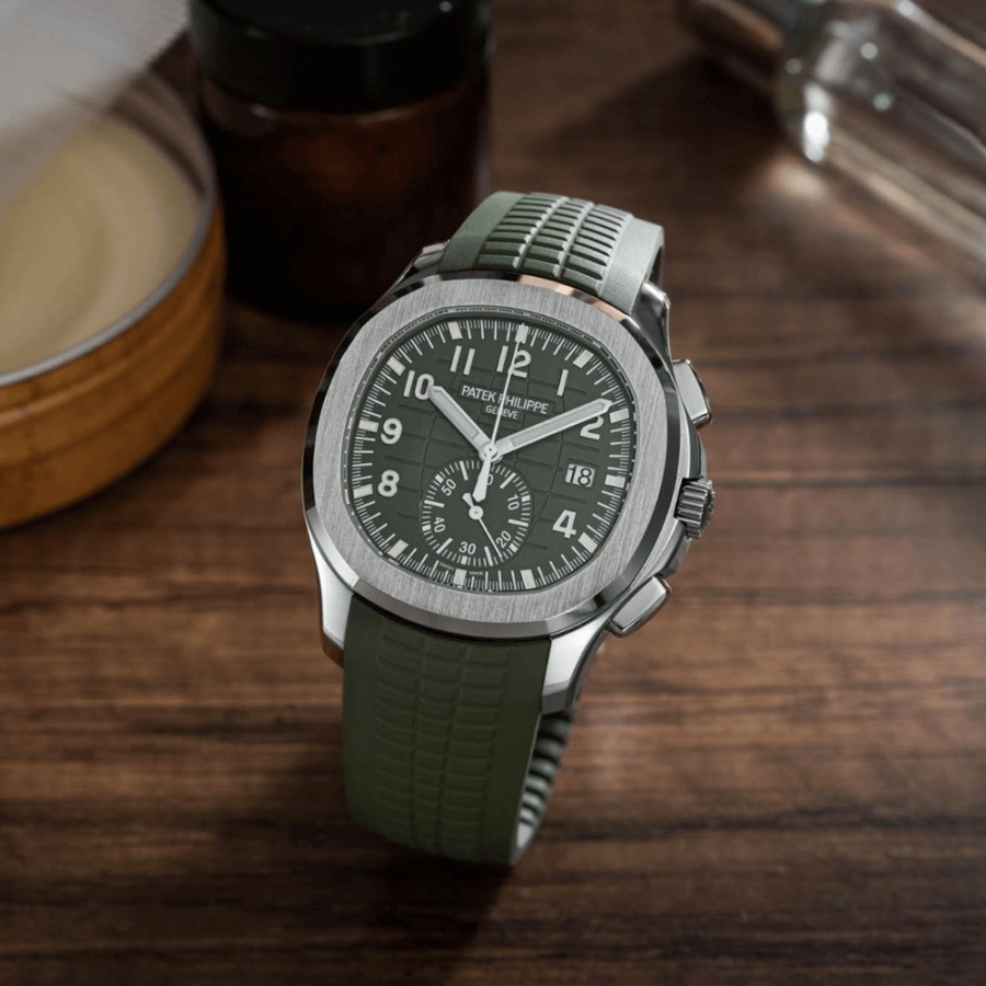 High Quality Replica Patek Philippe male 42.2MM Aquanaut 5968G-010 Khaki green, embossed with Aquanaut pattern Dial Composite material strap