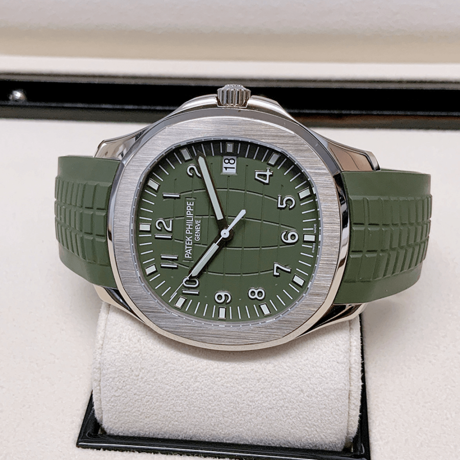 High Quality Replica Patek Philippe male 42.2MM Aquanaut 5168G-010 Khaki green embossed Dial Composite material strap