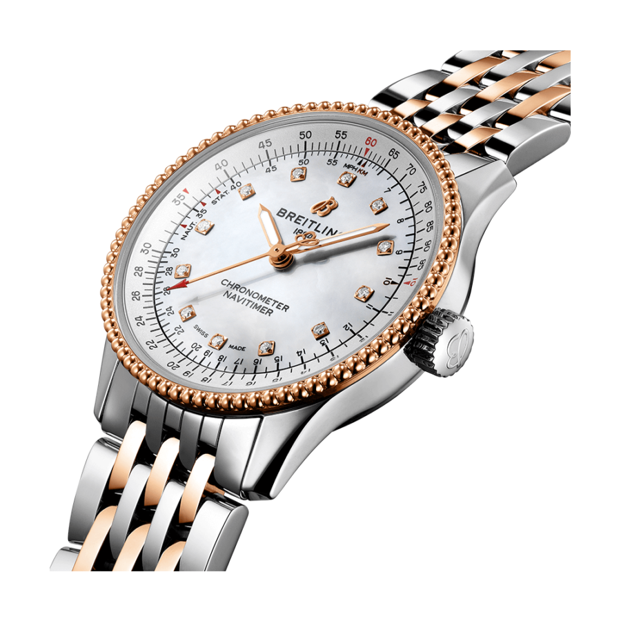 High Quality Replica Breitling Female 35MM Navitimer U17395211A1U1 Pearl White Dial Stainless steel & 18k red gold