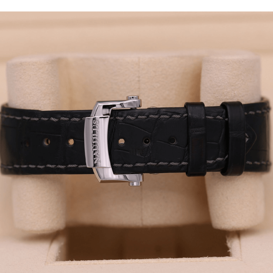 High Quality Replica Patek Philippe male 40.5MM Moonphase 5726A-001 matt black Dial Alligator strap with rectangular scales, hand-stitched, matt black. Nautilus fold-over clasp