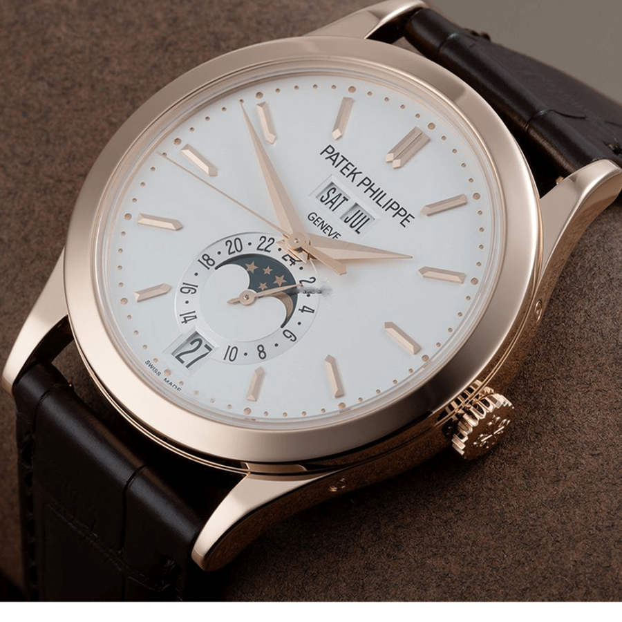High Quality Replica Patek Philippe Female 38.5MM Moonphase 5396R-011 Silvery opaline with gold Dial Shiny chocolate brown alligator. Fold-over clasp