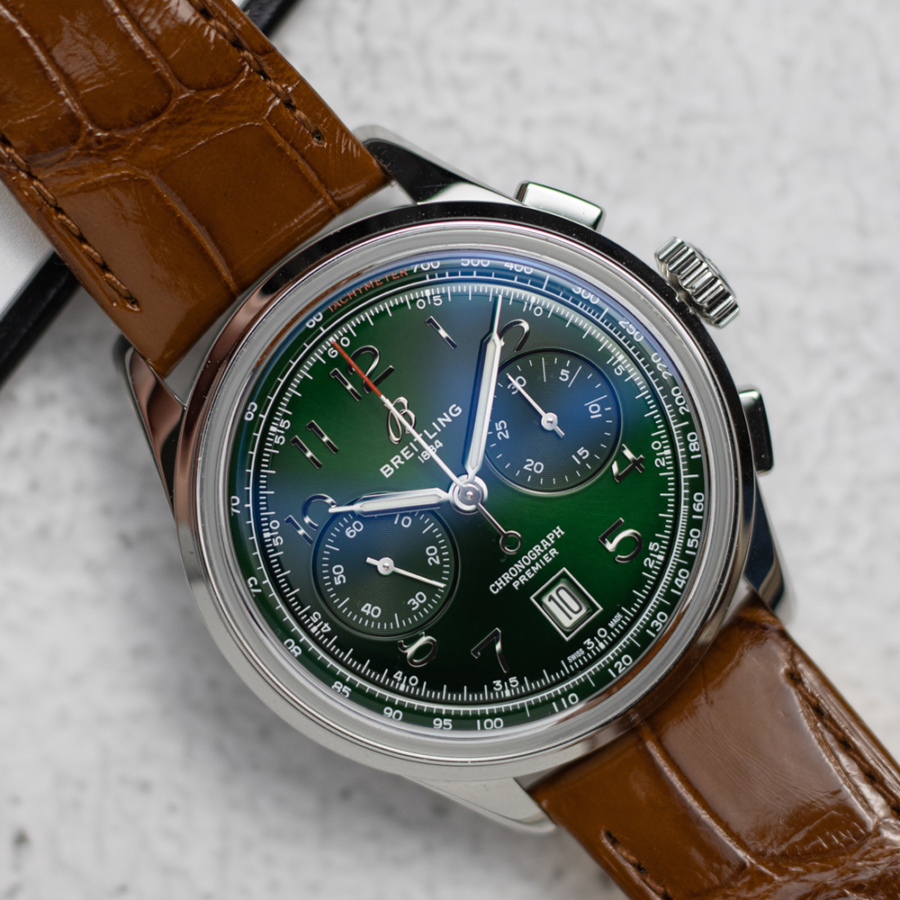 High Quality Replica Breitling male 42MM Premier AB0145371L1P1 Green Dial Alligator leather Strap