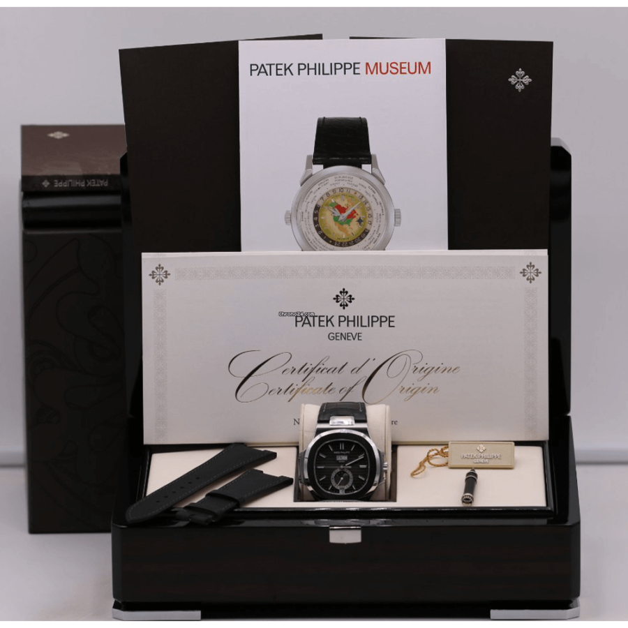 High Quality Replica Patek Philippe male 40.5MM Moonphase 5726A-001 matt black Dial Alligator strap with rectangular scales, hand-stitched, matt black. Nautilus fold-over clasp