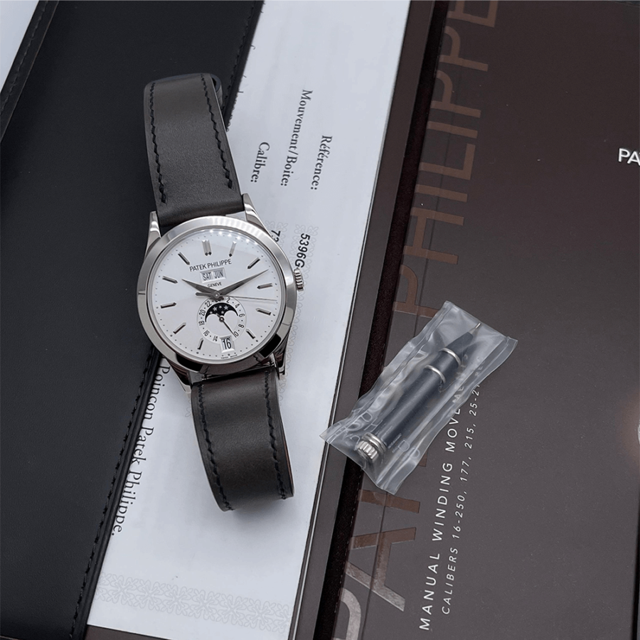 High Quality Replica Patek Philippe Female 38.5MM Moonphase 5396G-011 Silvery opaline Dial Shiny black alligator. Fold-over clasp