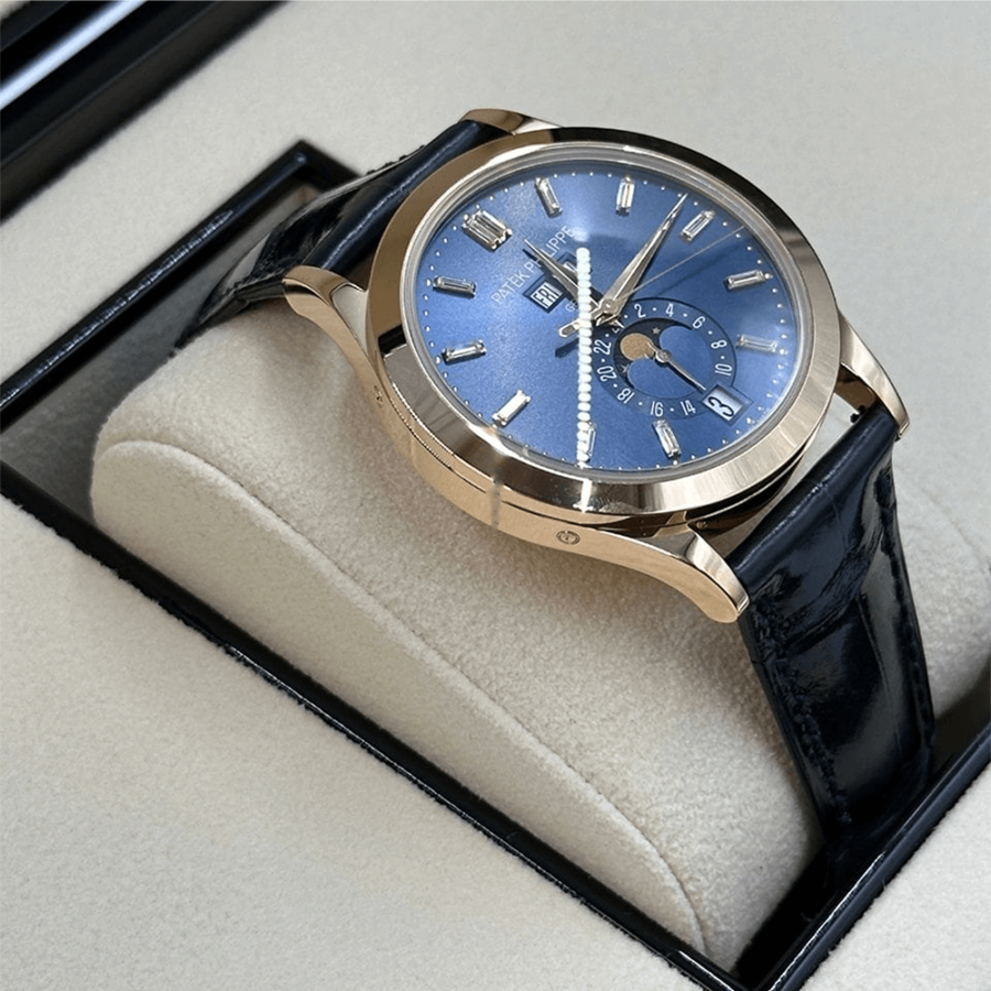 High Quality Replica Patek Philippe Female 38.5MM Moonphase 5396R-015 Blue sunburst Dial Alligator strap with square scales, hand-stitched, shiny navy blue. Fold-over clasp