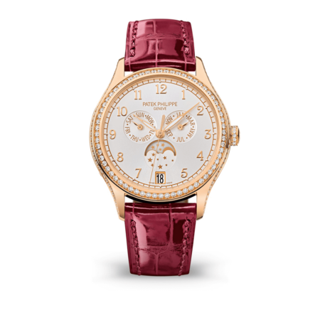 High Quality Replica Patek Philippe Female 38MM Moonphase 4947R-001 Silvery sunburst Dial Alligator strap with square scales, hand-stitched, shiny violine. Prong buckle