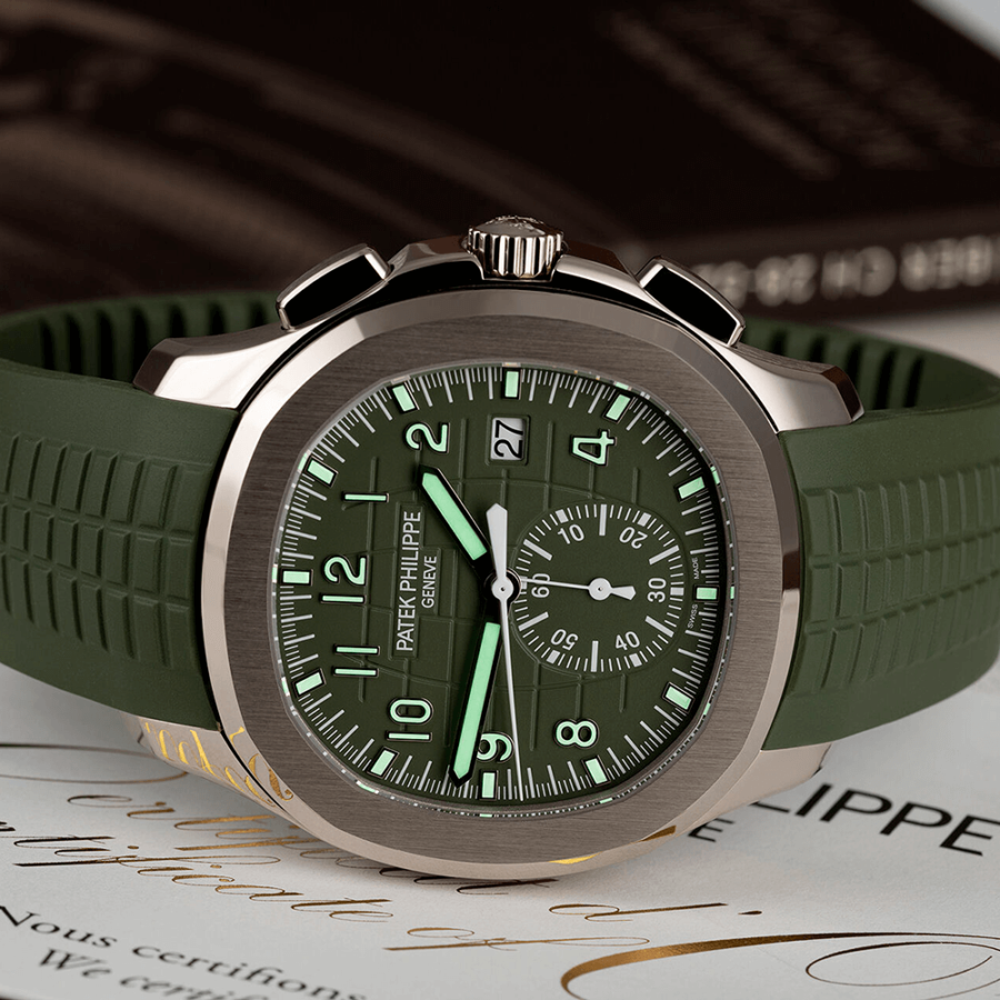 High Quality Replica Patek Philippe male 42.2MM Aquanaut 5968G-010 Khaki green, embossed with Aquanaut pattern Dial Composite material strap